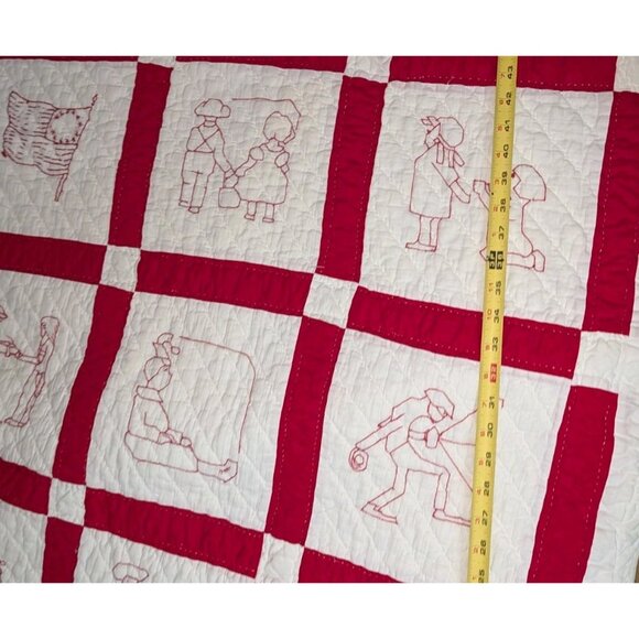 Redwork Colonial Embroidered Quilt Early 1900s Twin 83x67 Pioneer Hand quilted - Picture 15 of 16